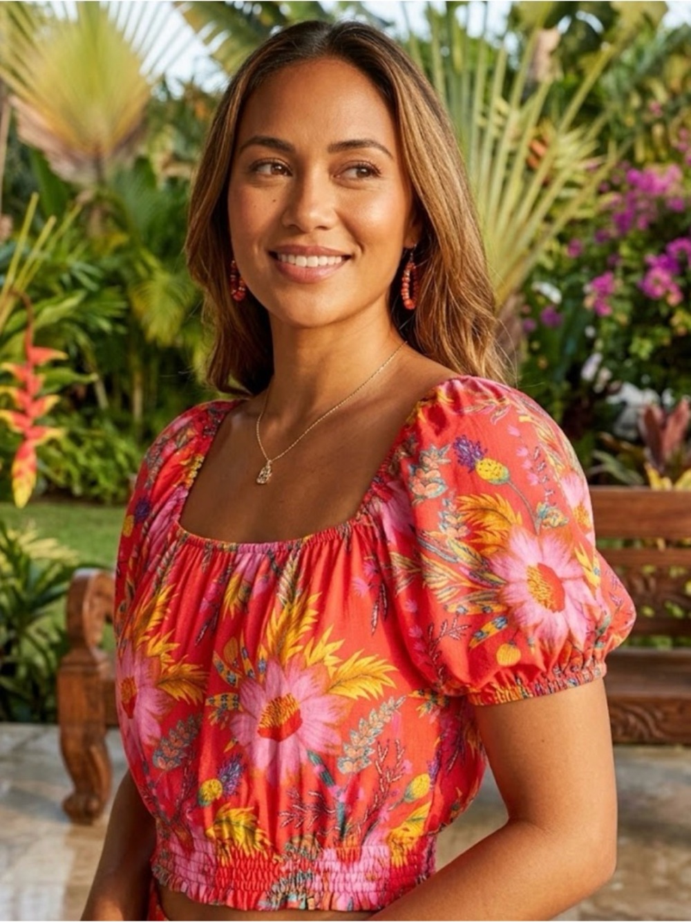 RACHEL Rachel Roy Coral-Pink Floral Puff-Sleeve Crop Top